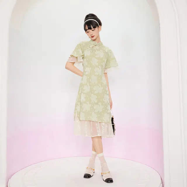 槿爷东方 假两件剪花纹样短袖旗袍 女款 桑绿色