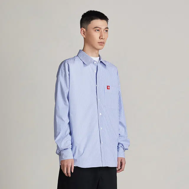 华人青年 细条纹宽松休闲长袖衬衫 男女同款 条纹蓝色