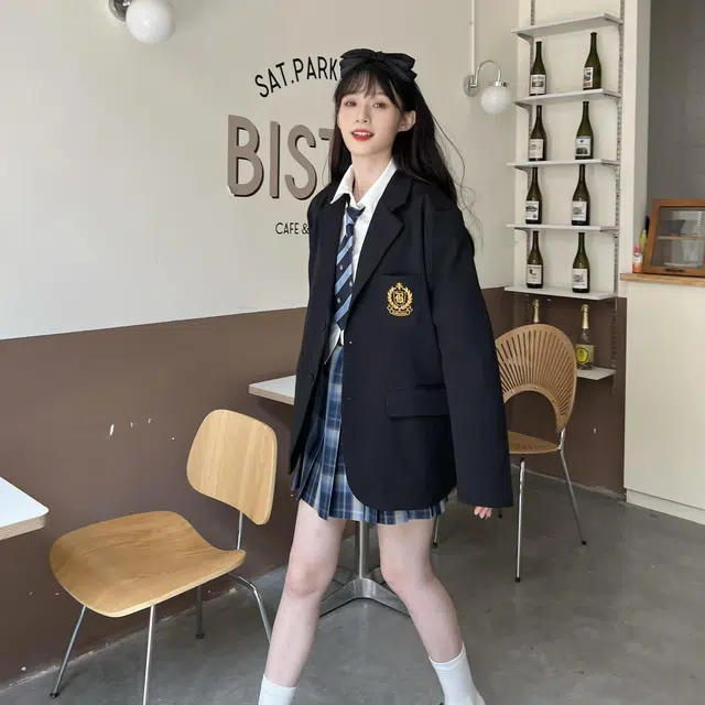 九条喵  纯色西装领单排扣长袖宽松西装 男女同款情侣款 黑色