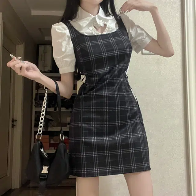 花山家的猫 爱心镂空短袖衬衫收腰连衣裙显瘦制服套装 女款