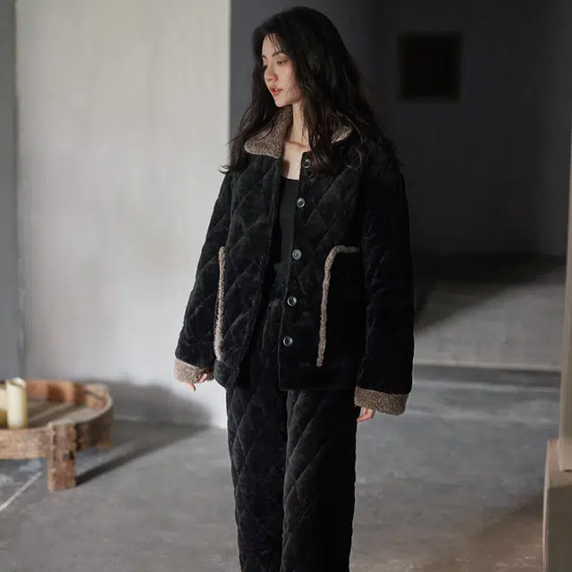 同语 冬季睡衣女三层夹棉珊瑚绒加厚家居服女士法兰绒加绒套装 家居套装