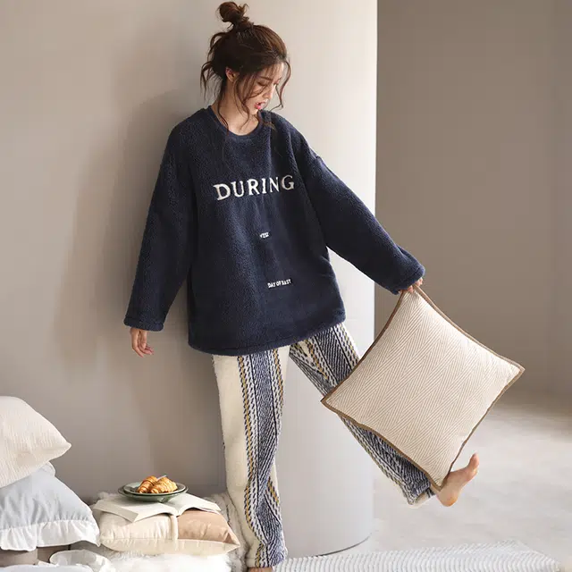 可人儿 珊瑚绒睡衣 家居服套装 秋冬季 保暖加绒加厚 女款 藏青色