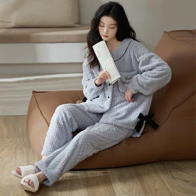 小情歌 珊瑚绒睡衣  冬季 加绒加厚保暖御寒家居服 女款  灰蓝色