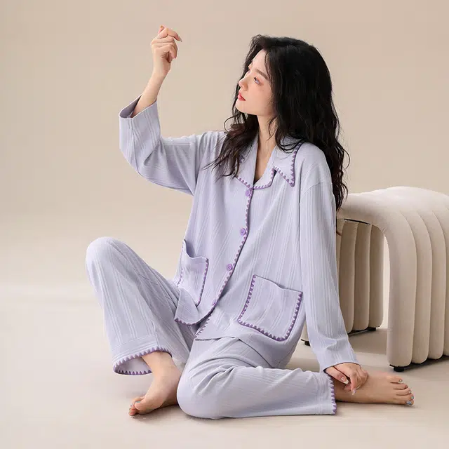 可人儿 纯棉长袖睡衣纯色简约宽松可外穿家居服套装 春秋季 女款 浅紫色