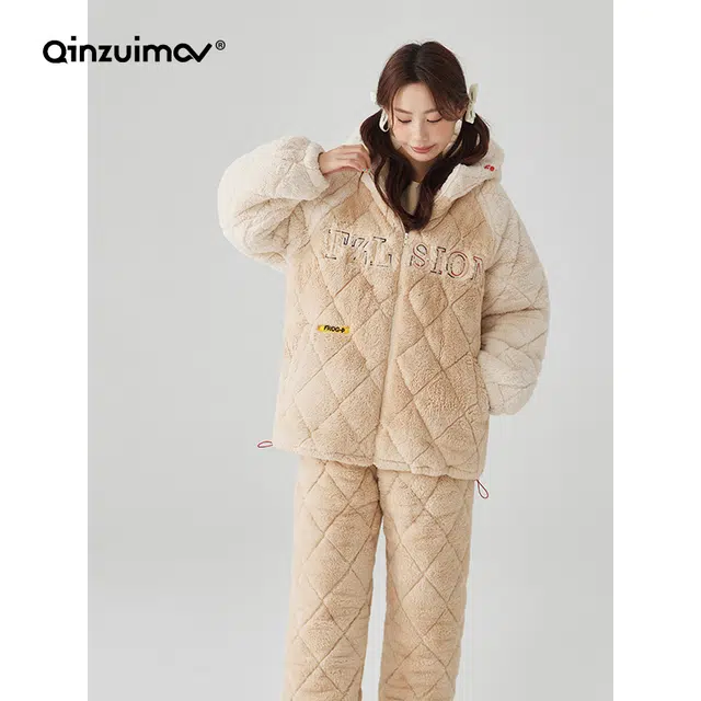 亲嘴猫珊瑚绒情侣夹棉睡衣女冬季三层加厚男士套装连帽家居服保暖