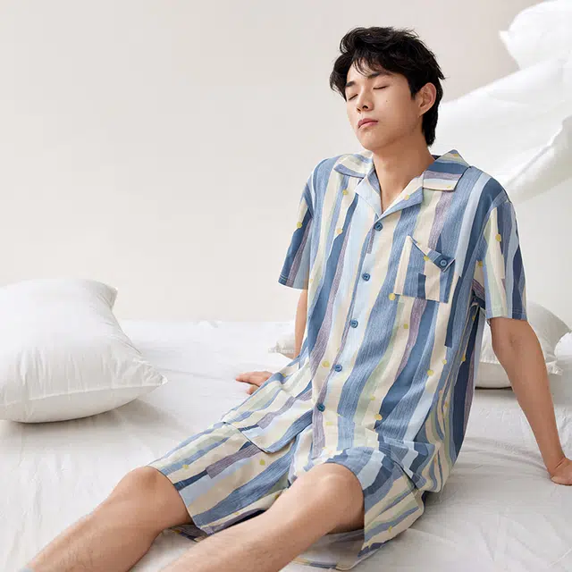 安之伴 夏季棉质短袖休闲条纹家居服套装可外穿睡衣 男款 灰兰