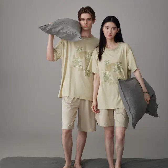 同语 夏季睡衣凉感棉短袖套装可爱可外穿男士宽松夏天家居服 家居套装 男款 柔雾菊白•米杏