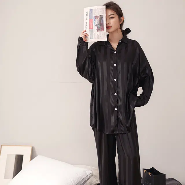 美腾 冰丝条纹长袖韩版宽松长裤两件家居服睡衣套装 春秋季 女款 黑色 礼盒款
