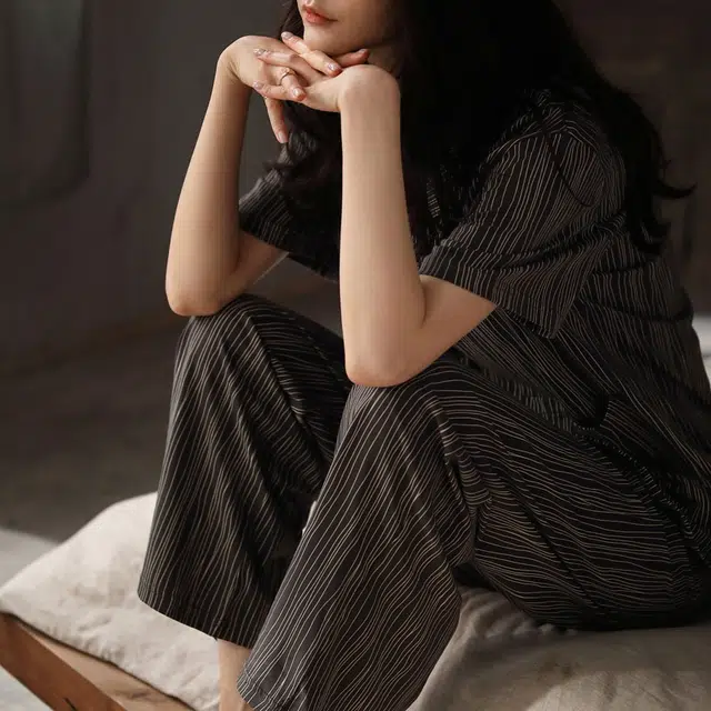 同语 男女同款情侣睡衣 不规则条纹夏季纯棉短袖薄款家居服休闲可外穿套装