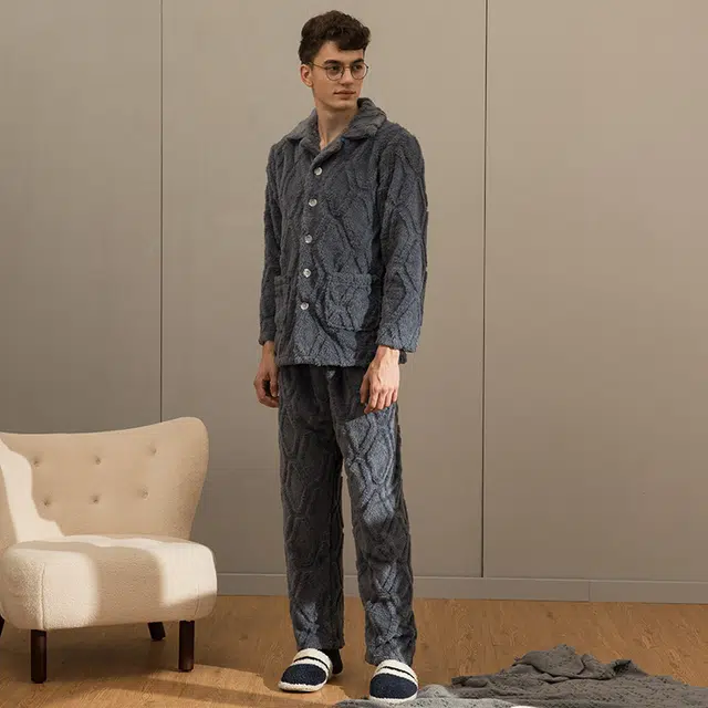 芬腾 睡衣珊瑚绒秋冬季法兰绒加厚长袖可外穿休闲大码家居服套装 男士 灰兰