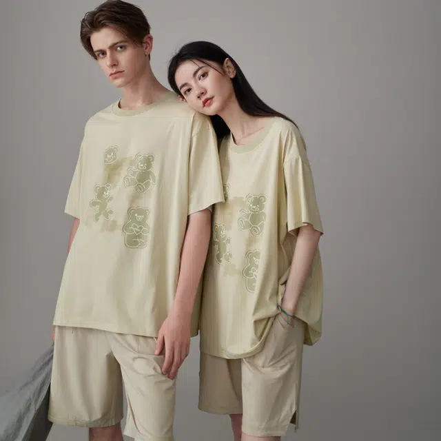同语 夏季睡衣凉感棉短袖套装可爱可外穿男士宽松夏天家居服 家居套装 男款 柔雾菊白•米杏