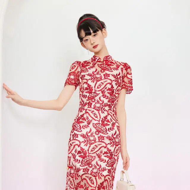槿爷东方 提香之吻短袖斜襟立领花卉图案旗袍 女款 红色