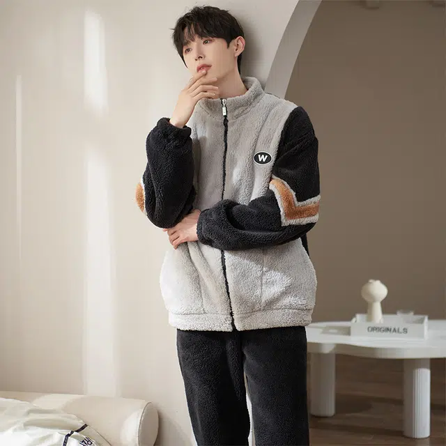 小情歌 珊瑚绒睡衣 冬季 加厚加绒保暖御寒家居服 男款  黑灰拼色