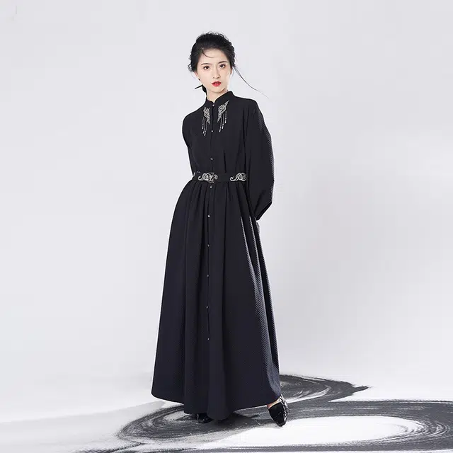 织造司 汉元素刺绣对襟连衣裙明制汉服 女款 黑色