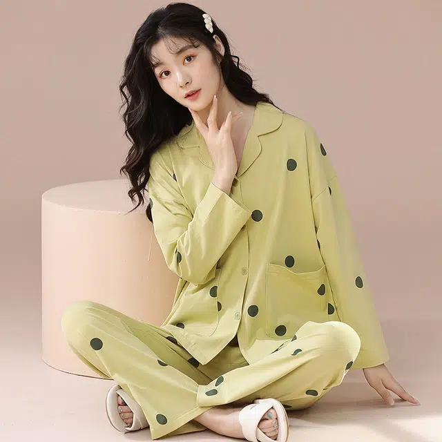 怡吾色 波点休闲长袖家居服套装 春夏睡衣女款