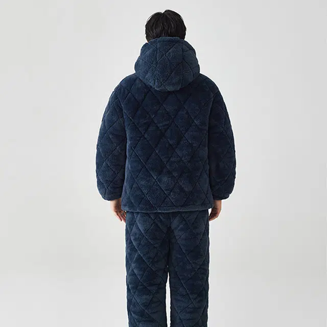 亲嘴猫 睡衣男冬季法兰绒保暖加厚三层夹棉套装连帽家居服宽松