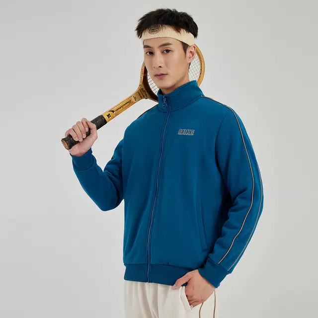 鸿星尔克 字母印花休闲开衫加绒加厚长袖卫衣 男款 深暮蓝