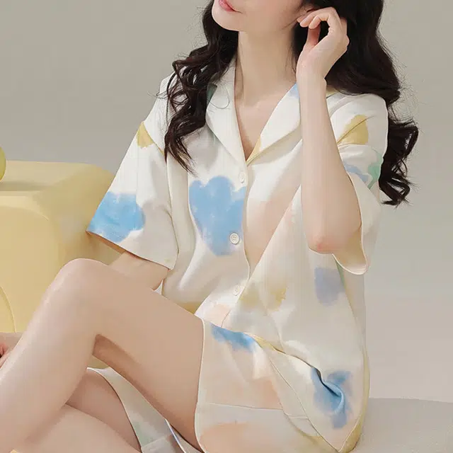 橡柠派 睡衣女夏季短袖短裤薄款学生夏天青少年休闲家居服套装 女款 蓝粉色 家居套装