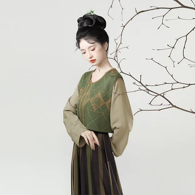 织造司 暮晚归 改良唐褙子圆领衫条纹拼接印花交窬裙原创唐制汉服 女款