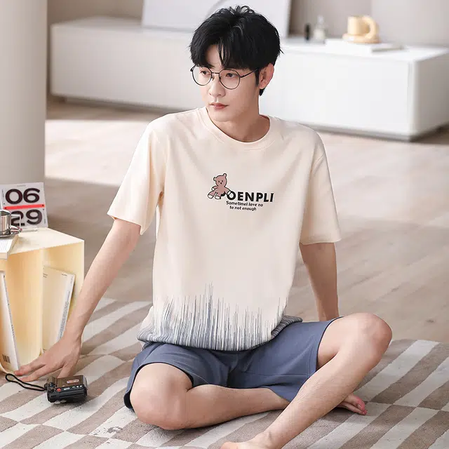 可人儿 纯棉短袖短裤睡衣休闲小熊宽松可外穿家居服套装 春夏季 男款 杏色