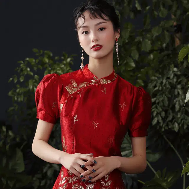 玫瑰泡泡袖改良版旗袍短袖仙女短袖连衣裙 夏季 女款 红色