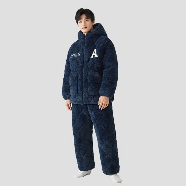 亲嘴猫 睡衣男冬季法兰绒保暖加厚三层夹棉套装连帽家居服宽松