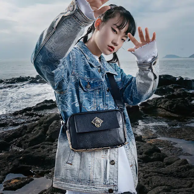 初弎 中国风元素狮子头小方包 街头潮流单肩斜挎包 刺绣百搭通勤小包斜挎包单肩包 男女同款 黑色