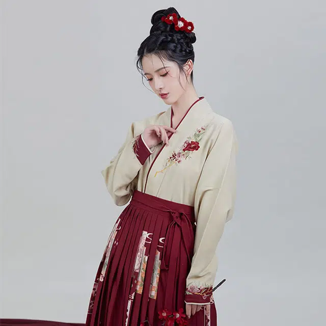 织造司 四花牌 长褙子飞机袖合身中长款合围裙一片式褶裙 冬汉服 女款