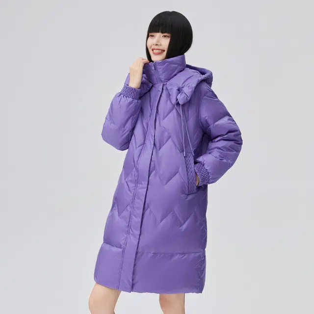 艾莱依 纯色蝴蝶结设计连帽长款羽绒服 女款