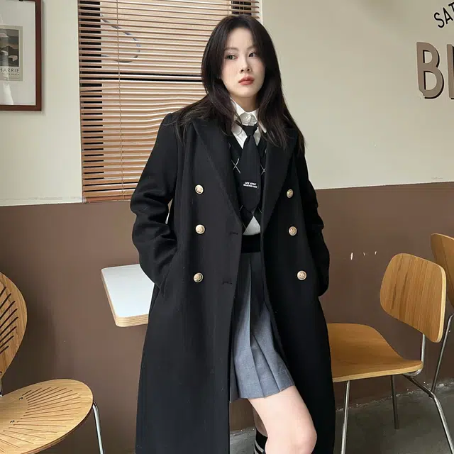 九条喵 长款纯色西装毛呢大衣外套菱形毛衣背心半身裙制服套装 女款