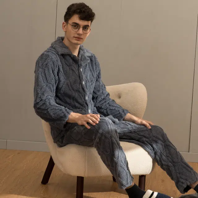 芬腾 睡衣珊瑚绒秋冬季法兰绒加厚长袖可外穿休闲大码家居服套装 男士 灰兰