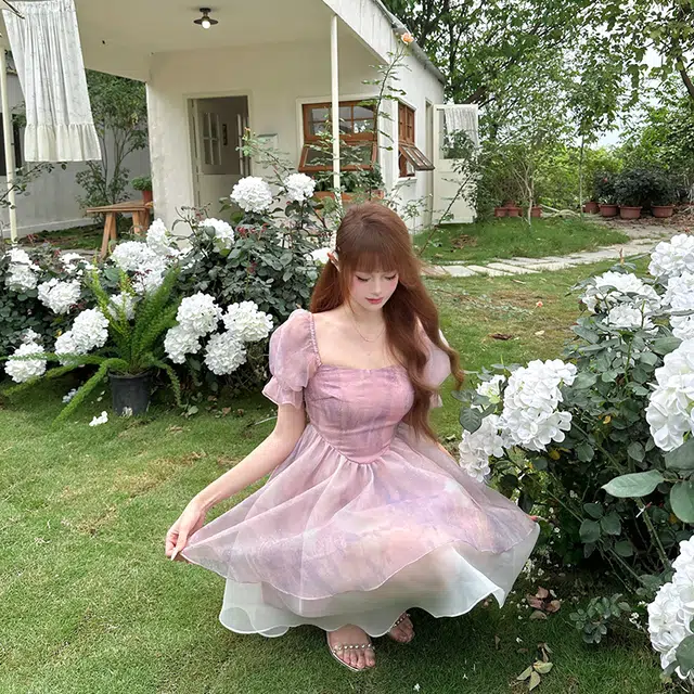 拼色网纱蓬蓬收腰短袖连衣裙 女款 浅紫色