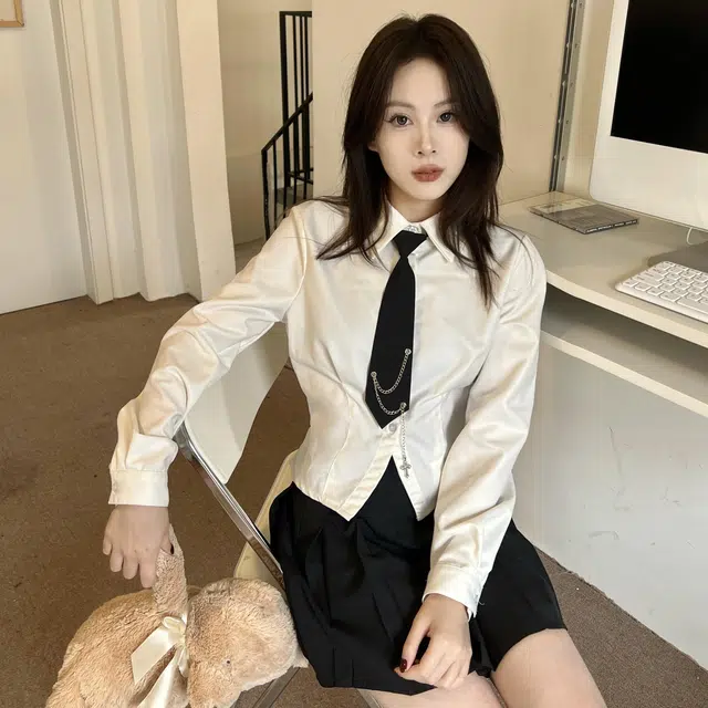 九条喵 短款领带长袖衬衫百褶半身裙制服套装 女款