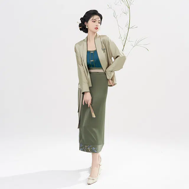 织造司 解幽 花卉刺绣开衫飞机袖修身改良主腰旋裙汉服 女款 灰绿色