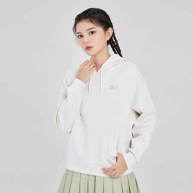 鸿星尔克 嫦娥奔月 字母图案印花加绒加厚连帽卫衣 女款 静谧卡其