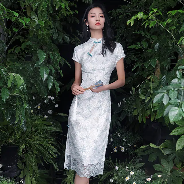 槿爷东方 蕾丝纽扣高领开叉短袖旗袍 女款 淡绿
