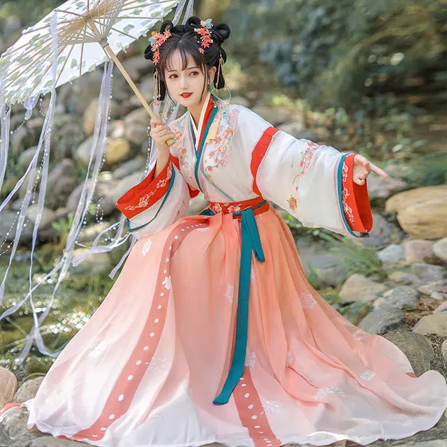 玄唐 晋制中国风改良仙气交领齐腰拼色古装汉服 女款 花蝶粉色  新年推荐