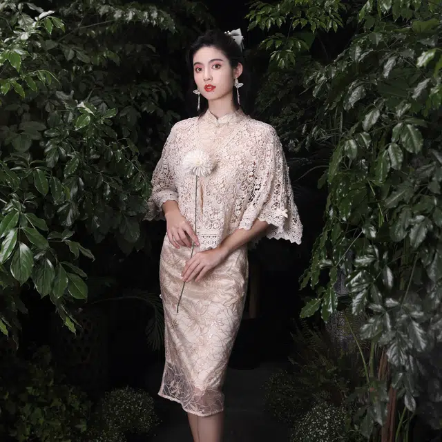 槿爷东方 中式复古花卉刺绣短袖旗袍 女款 杏粉色
