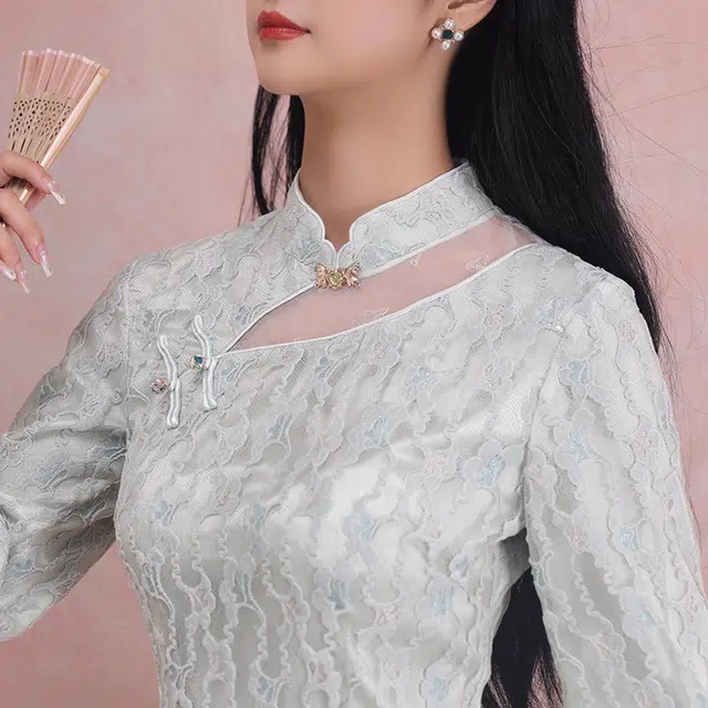 槿爷东方 悦华 蕾丝镂空温柔气质长袖旗袍 女款 豆绿色