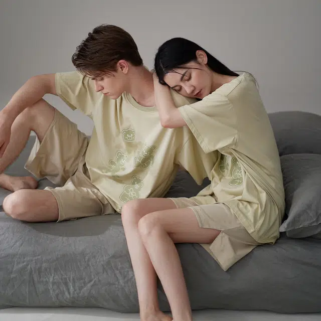 同语 夏季睡衣凉感棉短袖套装可爱可外穿男士宽松夏天家居服 家居套装 男款 柔雾菊白•米杏