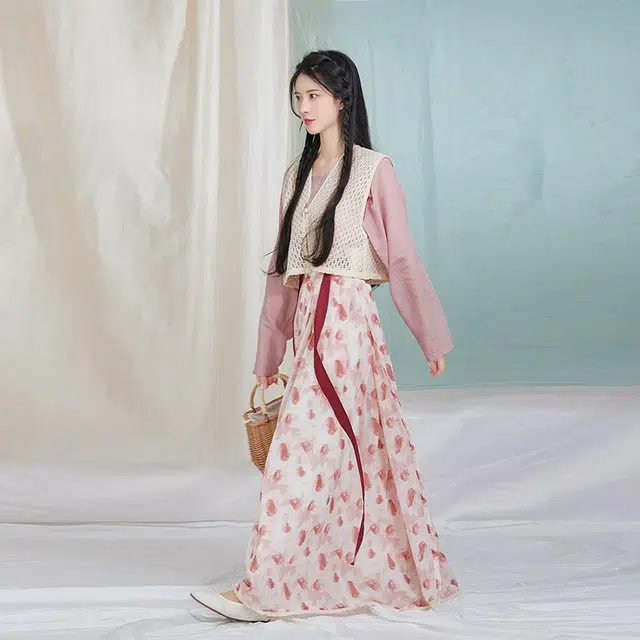 织造司 树莓 唐制蕾丝唐褙子圆领衫齐腰褶裙春夏轻薄透气原创汉服 女款 粉色