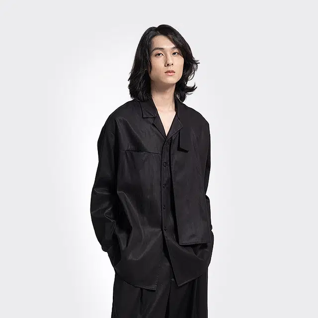 幻象者 原创设计解构拼接古巴领亚麻长袖衬衫 男女同款 黑色