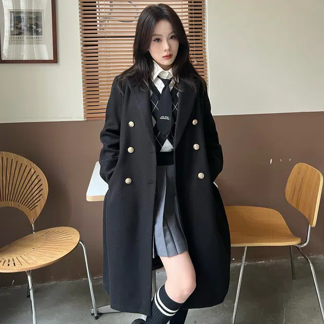 九条喵 长款纯色西装毛呢大衣外套菱形毛衣背心半身裙制服套装 女款
