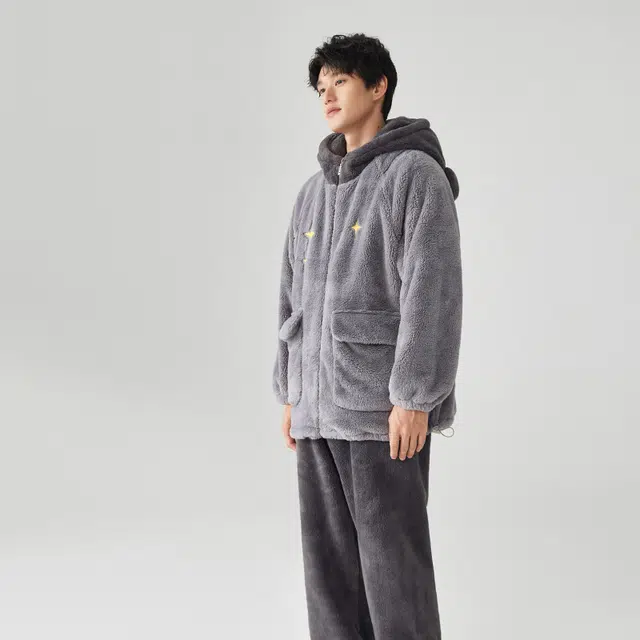 亲嘴猫秋冬加厚男士连帽家居服可外穿