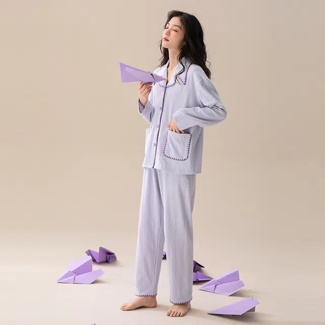 可人儿 纯棉长袖睡衣纯色简约宽松可外穿家居服套装 春秋季 女款 浅紫色