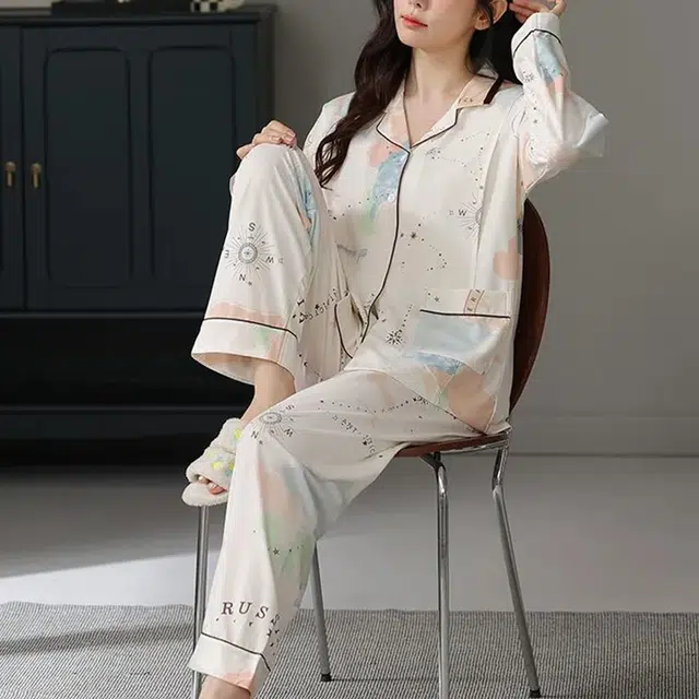 橡柠派 字母印花睡衣女长袖春夏季薄款开衫高级感夏天家居服两件家居套装 女款 杏色