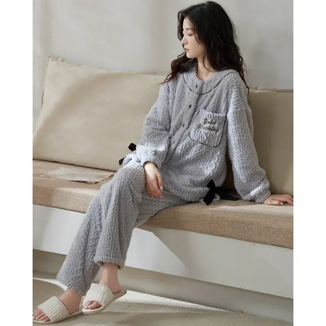 小情歌 珊瑚绒睡衣  冬季 加绒加厚保暖御寒家居服 女款  灰蓝色