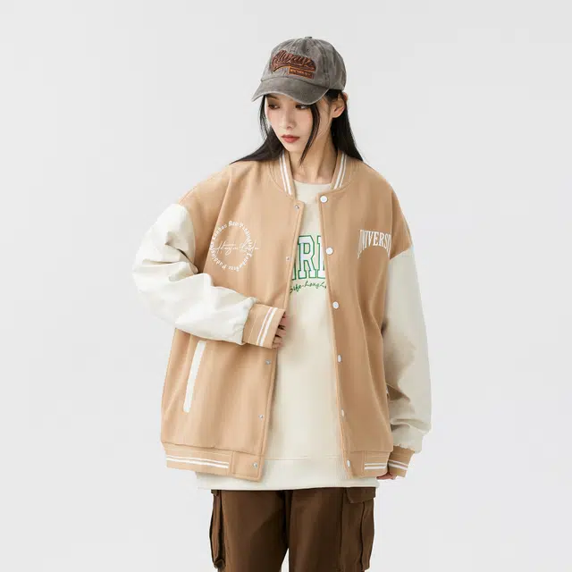 Paddington Bear PU Patchwork Wool Letter Print Baseball Jacket