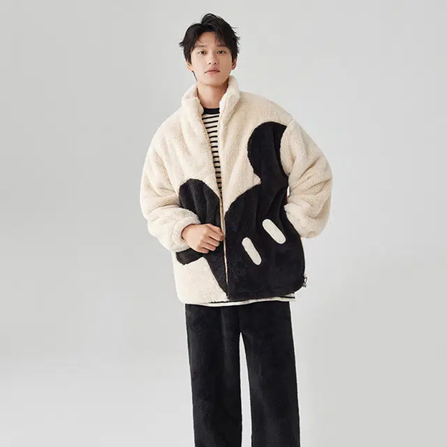 亲嘴猫珊瑚绒睡衣男秋冬卡加厚家居服套装