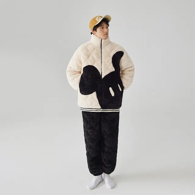 亲嘴猫卡通男士夹棉睡衣冬季珊瑚绒三层加厚套装家居服冬天可外穿